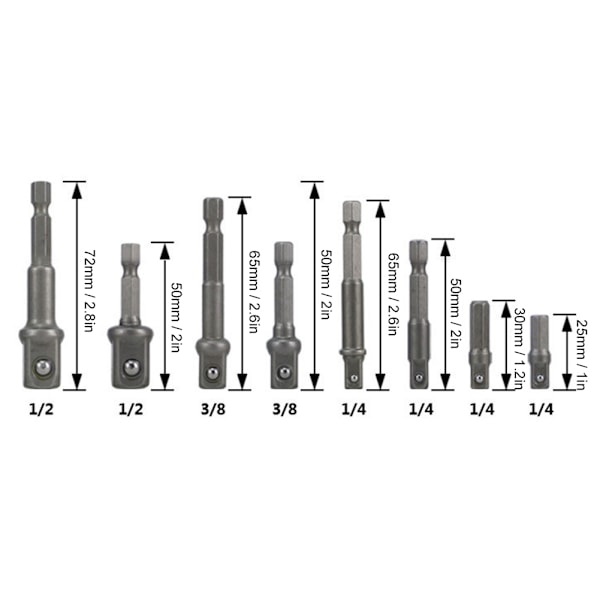8 stk. Sokkeladapter Sæt Driver Hex Skaft Impact Bor Bits Forlængelsesstang 1/4 tommer 3/8 tommer 1/2 tommer