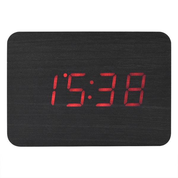 Trä elektronisk digital väckarklocka Temperatur LED-display Ljudkontroll Svart