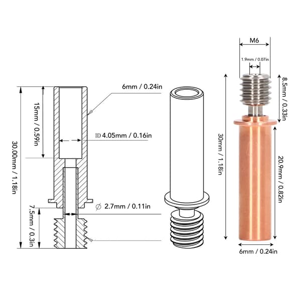 CR 6 SE 3D Printer Tilbehør - Bimetal Heat Break Dyse Halsrør (2 stk)