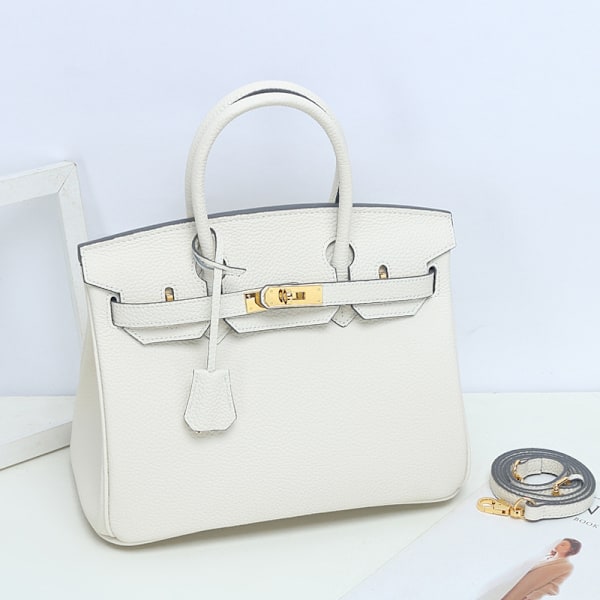 Snygg Vit Ko-Läder Tote Bag för Kvinnor Crossbody Milkshake White 35cm