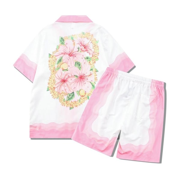 Stadium Print Casablanca Tennis Club Kortärmad Skjorta och Shorts Set, Unisex för Sommar, Casual Hip-hop Hawaiiansk Strandstil CA01 L