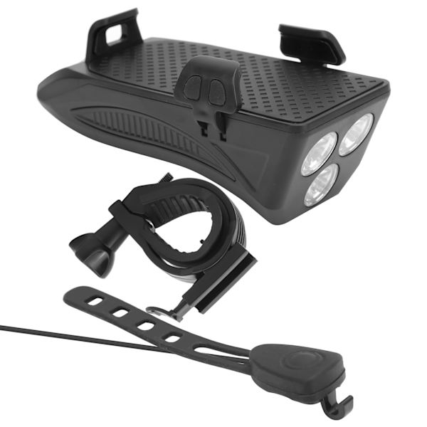 4 i 1 Cykelstyr Forlygte Mobiltelefon Holder med Horn og USB Oplader Sort