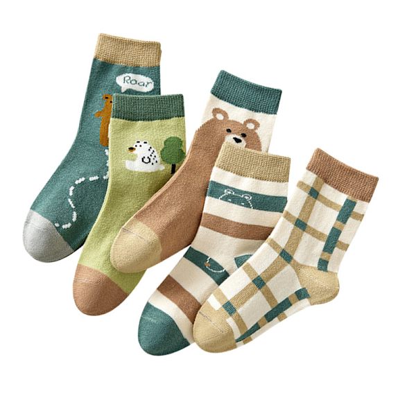 5 Par Barn- och Flicksockor med Cartoonbjörn, Mjuka Kamgarnstrumpor för Höst och Vinter, Söta Crewsockor XL för 9-12 År