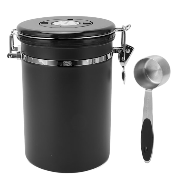 Kaffebeholder i rustfrit stål med lufttæt beholder til kaffe med 30 ml ske og datosporing, kaffekande til opbevaring af 1,8 l, sort