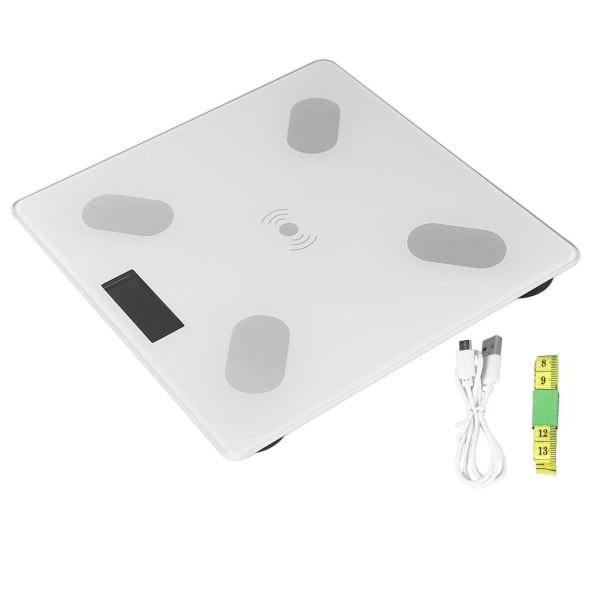 Vægtskala Digitale mennesker Kropsfedtvejning Hærdet glas USB genopladeligt hvid