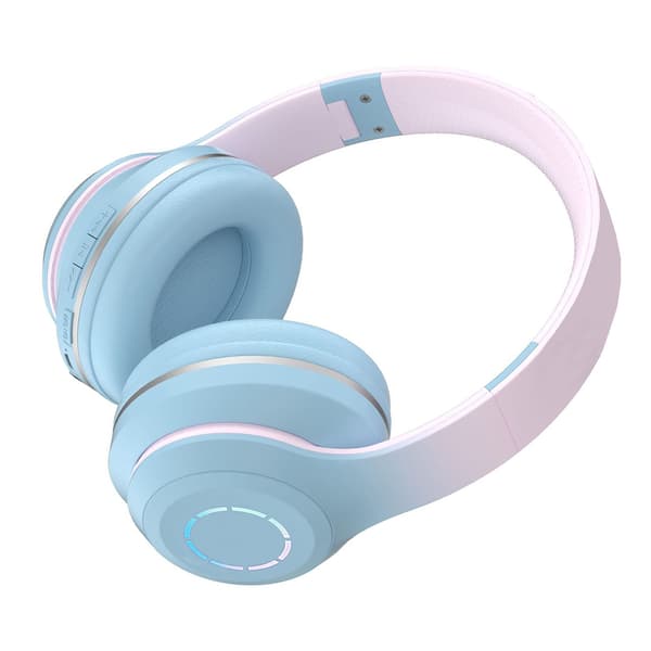 Bluetooth-hovedtelefoner med kraftig bas, støjreduktion, foldbare, trådløse headset i gradientfarve med lys til telefon og bærbar computer, blå