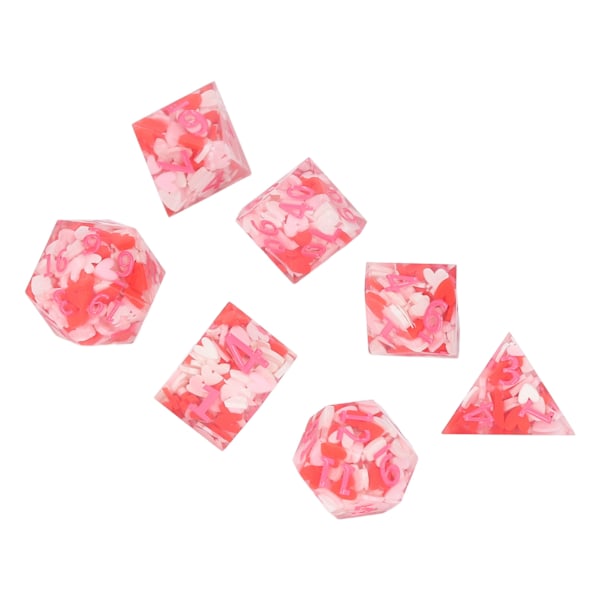 7 stk. polyhedral terningesæt i pink harpiks til rollespil, kortspil og terningspil til brætspil og matematikundervisning