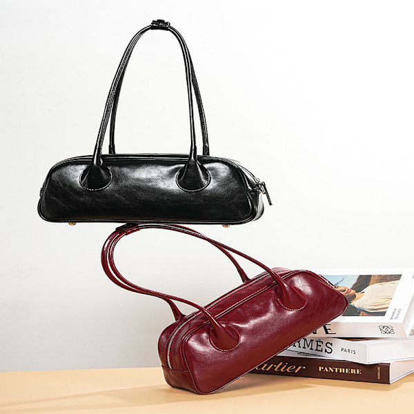 Stiligg Bowling Bag i Svart Skinn, Stor Skulderveske med Krosskroppsbånd, 32x9x12cm black About 32*9*12cm