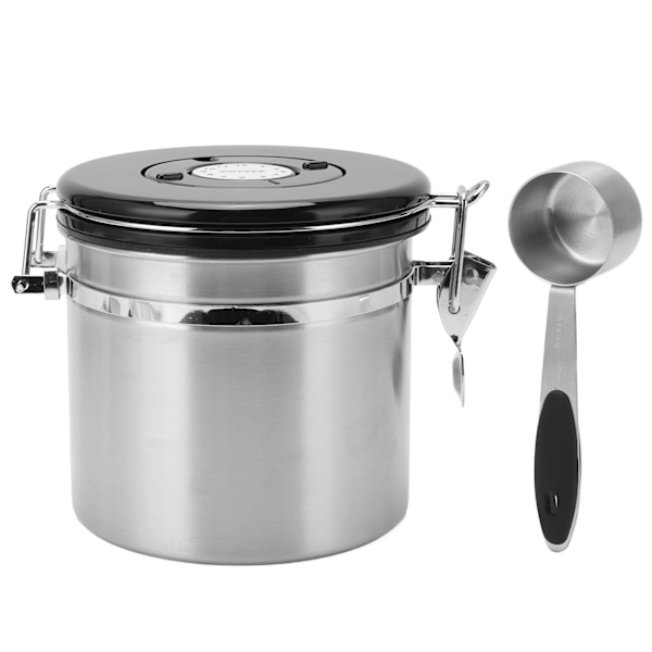 Kaffebeholder i rustfrit stål med lufttæt beholder til kaffe med 30 ml ske, datosporing, kaffekande til opbevaring af 1,2 l, rustfrit stål