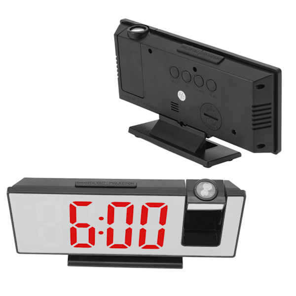 Projektionsväckarklocka Digital USB-laddning Automatisk dimning LED-spegelskärm Elektronisk klocka för sovrum Svart skal Rött ljus