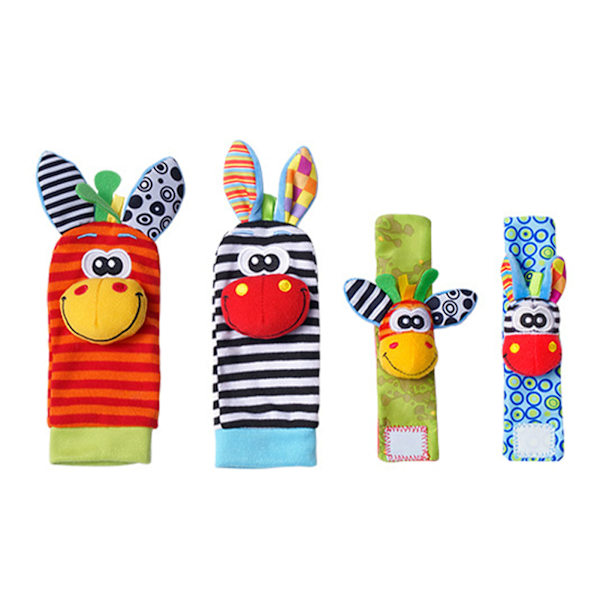 Baby Foot Rattles Strumpor Djur Plysch Fyllda Bomull Ljusa Färger Handled Rattles för Spädbarn