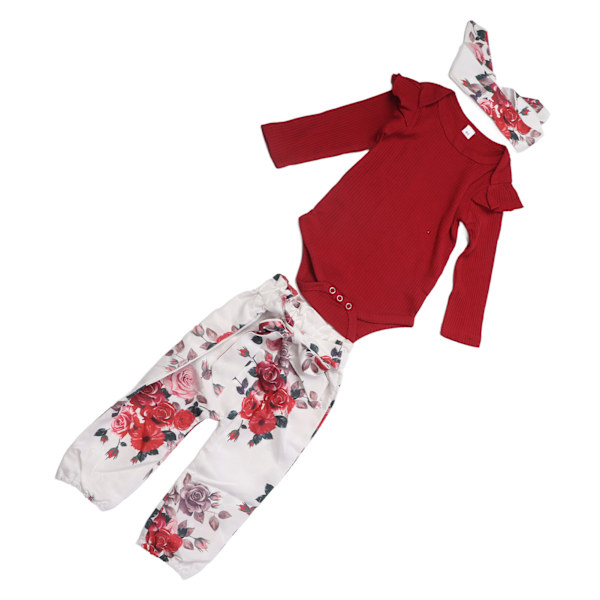 Nyfødt Outfit Baby Blomsterprint Dragt Vinrød Bomuld Outfit med Lange Ærmer 80cm