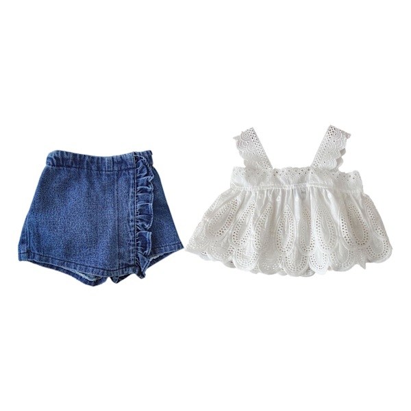 Sommerdragt til babypige, spædbarn, hvid tanktop og blå shorts til fotoshoot, rejse, størrelse 110