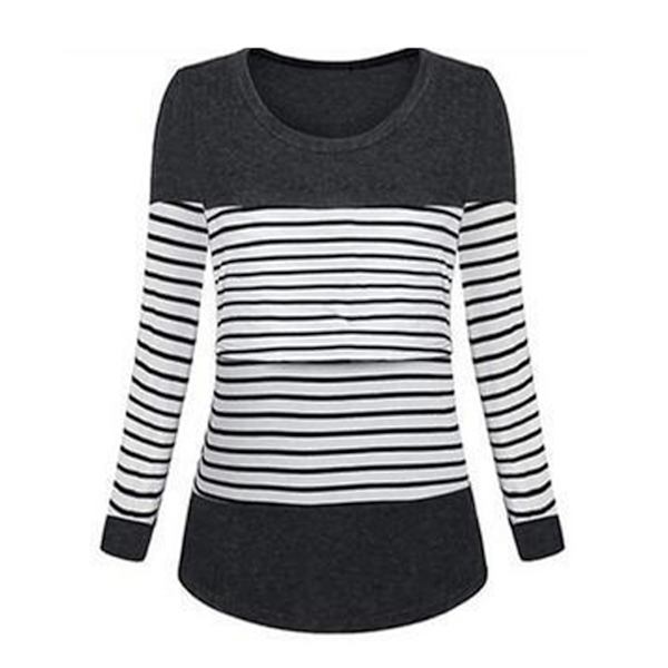 Kvinners ammeskjorter med rund hals, lang ermet, elastiske ammeskjorter med striper for rask amming, svart XL