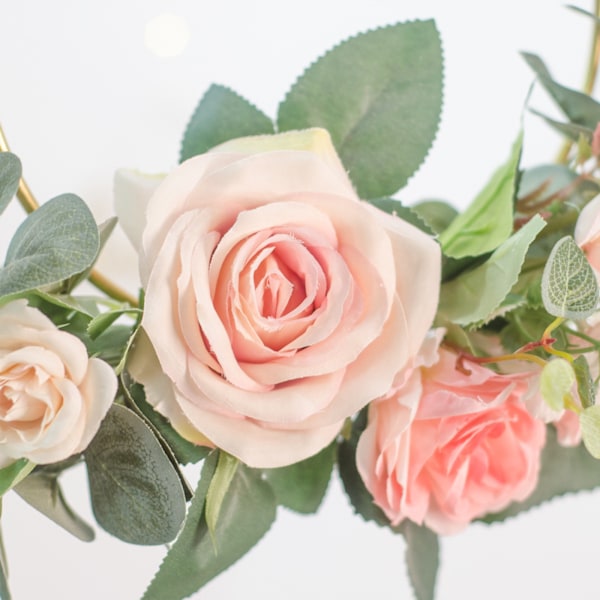 Blomsterkrans i metall med geometrisk ram, konstgjord krans med rosor, väggmonterad, simulerad krans, heminredning