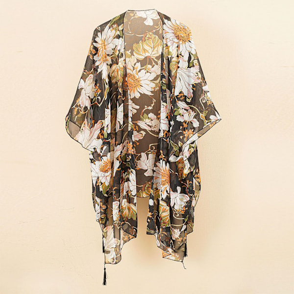 Strandbadetøj Cover Up Chiffon En Størrelse Sort Tassel Blomsterprint Swim Cover Up til Vandland Ferie