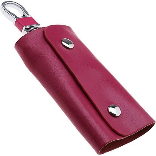 Pink læder nøglering med 6 kroge og karabinhage, 10,5 x 5,5 cm