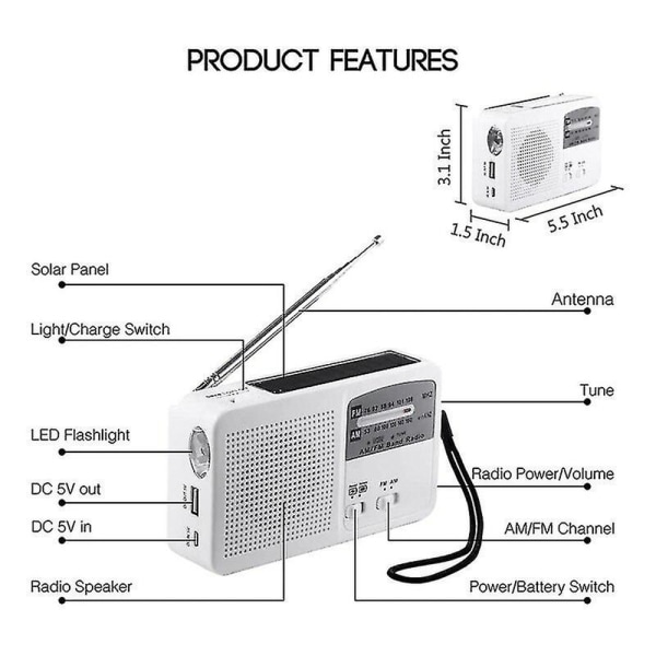 Valkoinen hätäradio Solhand-kampi itsevirtainen, FM/AM-radio LED-taskulamppu kannettava USB-ladattava