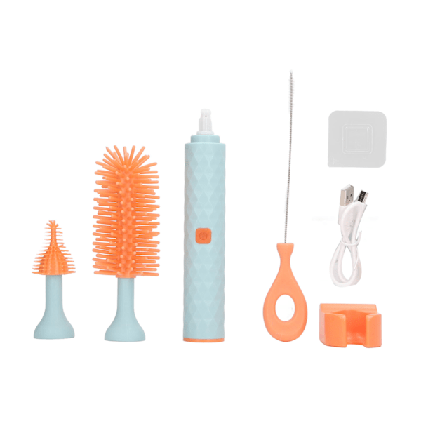 Bottle Cleaning Brush IP65 Waterproof Electric 2 Speeds Rotating Silicone Bristles Silicone Straw Brush Set Blue