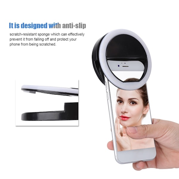 Selfie LED Ring Flash Light Bærbar telefon Selfie Lampe Lysende Clip Lampe til iPhone (sort)