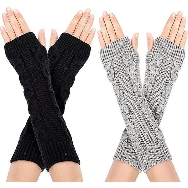 Kvinders strikkede fingerløse armhandsker - Varme vintervanter med tommelfingerhul (2 par, sort og grå)
