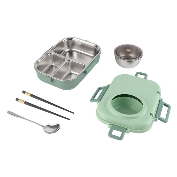 Termisk lunsjboks 1100ml Dobbelt lag 3 rutenett design 304 rustfritt stål Bento boks med spisepinner skje suppebolle grønn