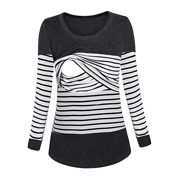 Maternity T-shirt för kvinnor, rund hals, lång ärm, stretchig amning, randig topp för snabb amning, svart, L