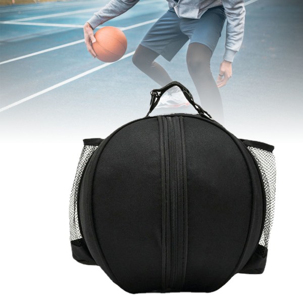 Pyöreä koripallolaukku, suuri tilavuus vedenpitävä Oxford-kankainen ulkourheilukoripallokassi, jossa joustava mesh , musta