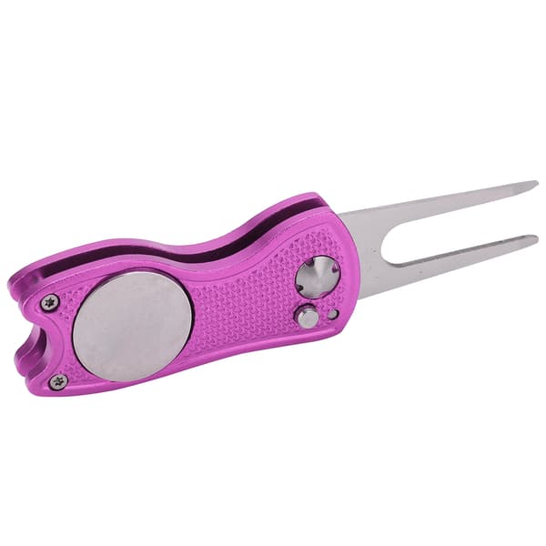 Golf Green Fork Rustfrit Stål Foldbar Golf Divot Reparationsværktøj med Knap Magnetisk Pink