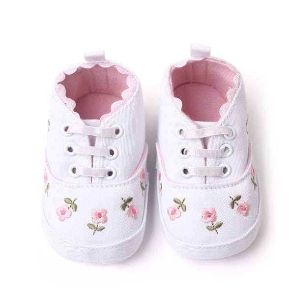 Baby Shoes Stylish Cute Embroidery Denim Hand Crafted Slip Resistance Sole Soft Infant Lace Up Shoes White 13cm/5.1in