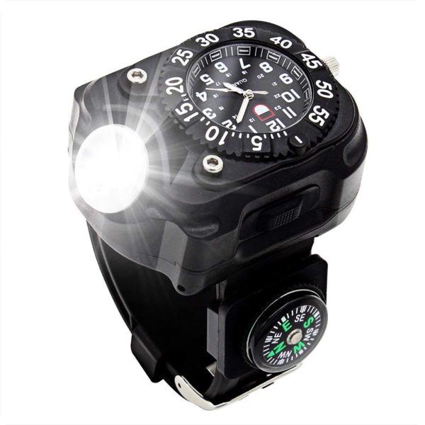 Uppladdningsbar 350lm LED- watch Handledsljus Vattentät watch Ficklampa med kompass för utomhuslöpning Vandring Camping