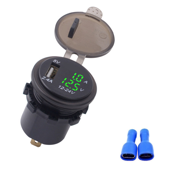 DC12-24V 2.1A 3 i 1 Multifunksjon Digital LED vanntett termometer Voltmeter Bil USB Hurtiglader Grønt lys