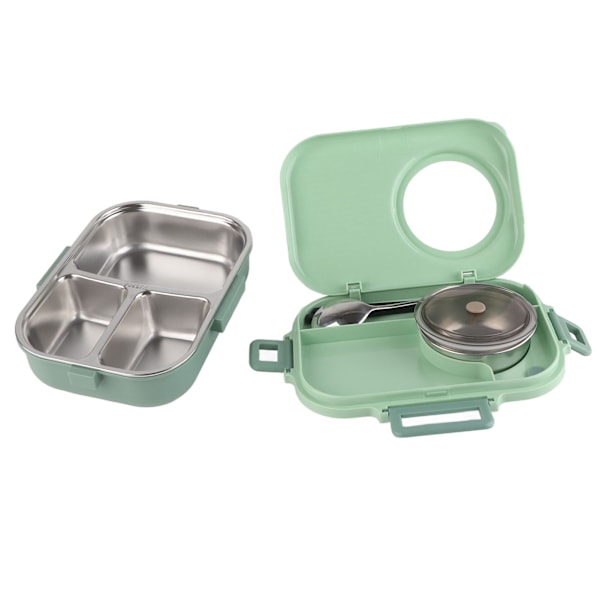 Termisk lunsjboks 1100ml Dobbelt lag 3 rutenett design 304 rustfritt stål Bento boks med spisepinner skje suppebolle grønn