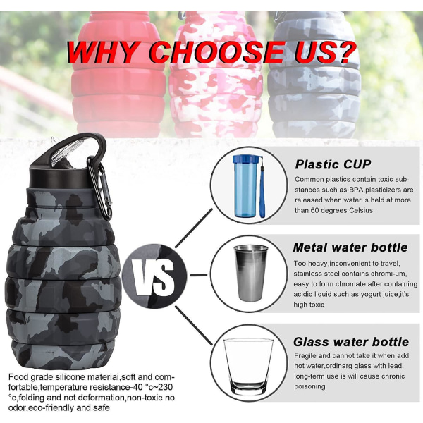 Sammenklappelig BPA-fri vandflaske til sport, cykling og festivaler med karabinhage