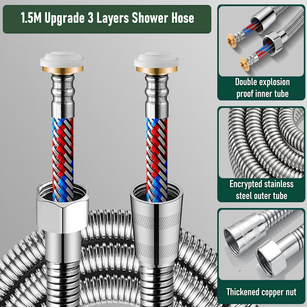 Upgraded 3-layer stainless steel shower pipe, anti-kink and leak-proof, high pressure resistant, easy to DIY replacement