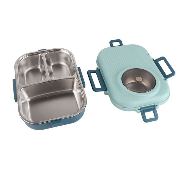 Termisk Lunsjboks 1100ml Dobbelt Lag 3 Grid Design 304 Rustfritt Stål Bento Boks med Spiseskjeer Suppeskål Blå