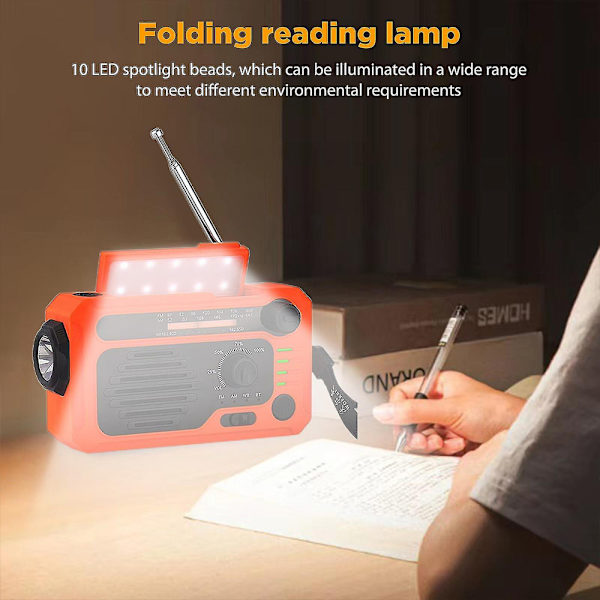 Solar Emergency Radio Handvev Multifunktions Radio Ficklampa med Bluetooth, Orange