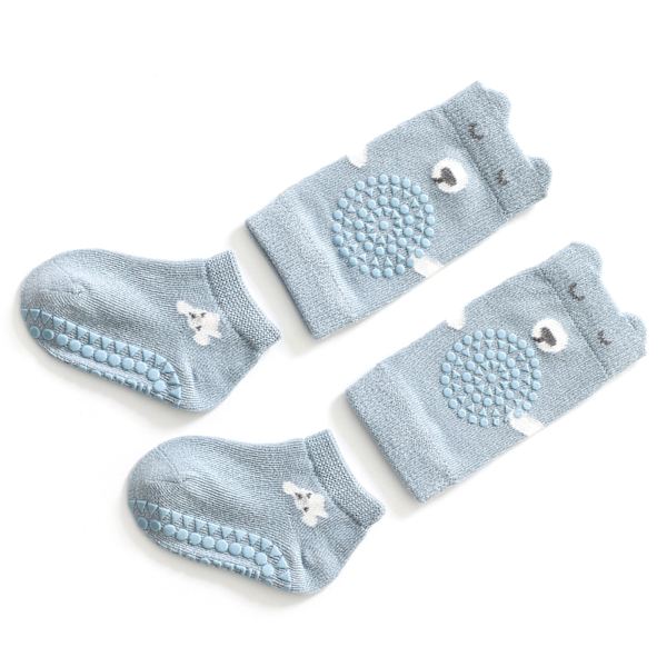 Baby Knäskydd Strumpor Set Mjuk Bomull Förhindra Halkpunkter Krypande Knä Fotskydd Blå L 2-4 År Gammal