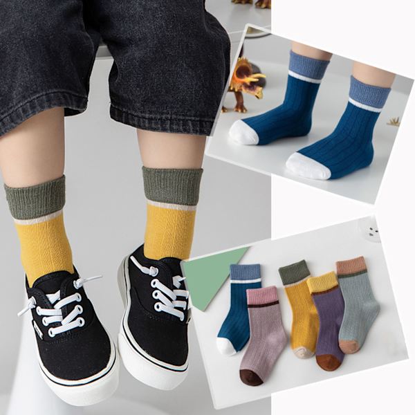 5 Par Barnstrumpor i Mjuk Bomull, Söta Färgblock, Andningsbara, Mid-Calf, Kuddade Crew-Strumpor för Pojkar och Flickor, Passar för 3-5 År
