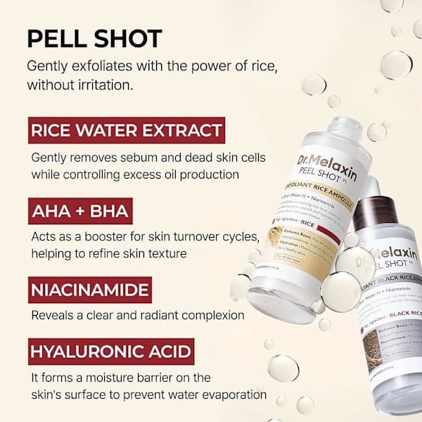 Dr.Melaxin PEEL SHOT GLOW EXFOLIANT RICE AMPOUL (HVID RIS/SORT RIS) sort ris 80ml black rice 80ml