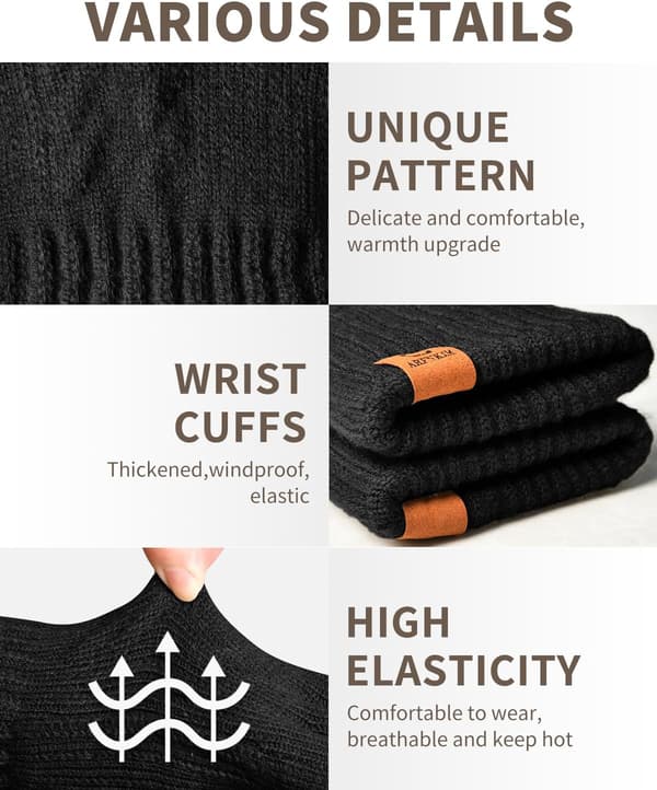 Vinterhandskar för damer med fleecefoder, pekskärmsvänliga varma stretchiga tjocka stickade handskar ullhandskar termiska handskar utomhus vinterpresenter Black + grey