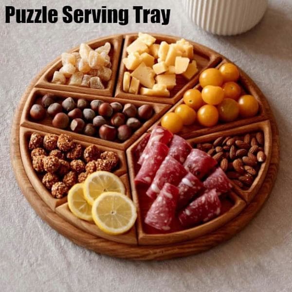 Puzzlebrett i tre, matbrett, morsomt puslespillformet serveringsbrett med 8 flyttbare rom