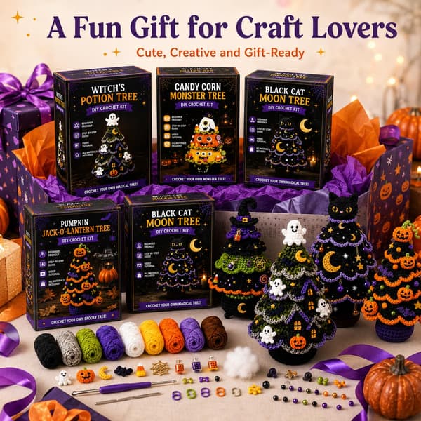 DIY Sort Kat Måne Træ Halloween Hæklesæt for Begyndere Black Cat Moon Tree