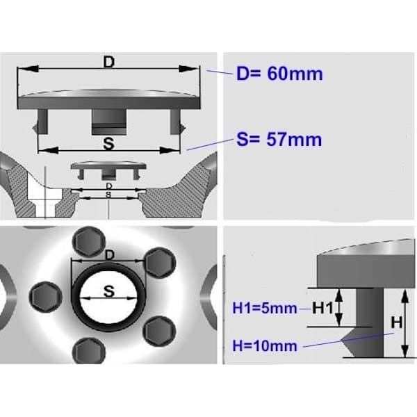 Hjulsenterkopper 60mm 4stk, passer 57mm navkopper for bilfelger erstatning