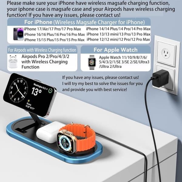 3-i-1 Trådløs Oplader Magsafe, Sammenklappelig Ladestation til iPhone, Apple Watch & AirPods Sølv Silver