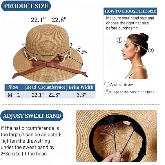 Strandstråhatte til kvinder, sommer solbeskyttelse foldbar pakbar bredskygget hat beige Beige