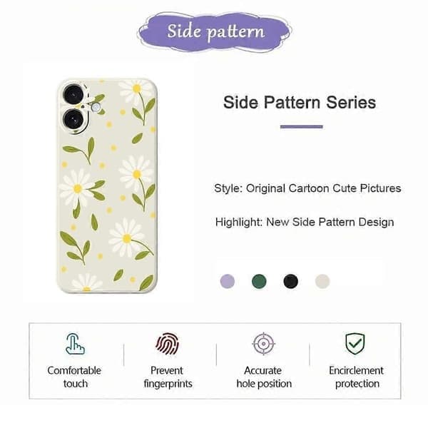 Etui til iPhone 17 Hvide Blomster Grønne Blade Mønsterprint Lige Kant TPU Telefonbagside, Sort Black Black