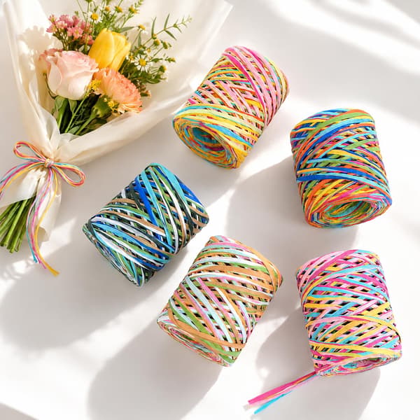 5 ruller farget raffia papirbånd, 80 meter raffia garn til gaveinnpakning