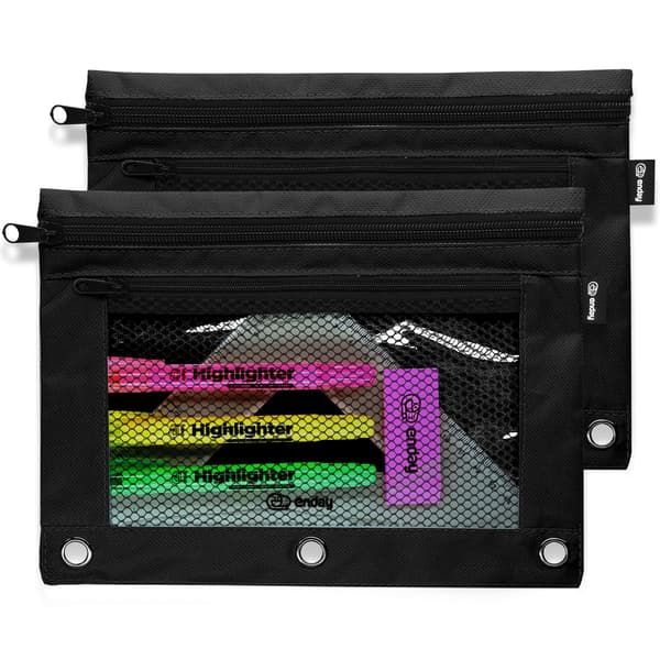 Enday Penalhus Sort - 2-pak, til 3-rings ringbind, Penalhuse med lynlås til ringbind, 3-rings penalhus til ringbind, Penalhus til ringbind 2 Black - 2 Pack