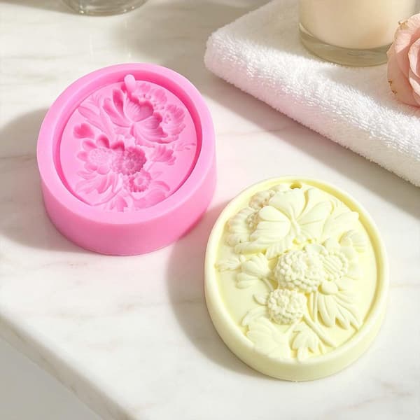 Blomsterbuket silikoneform, oval form sæbefremstillingsform til gør-det-selv håndværksprojekter, 3,2 x 2,7 x 0,7 tommer, pink 3